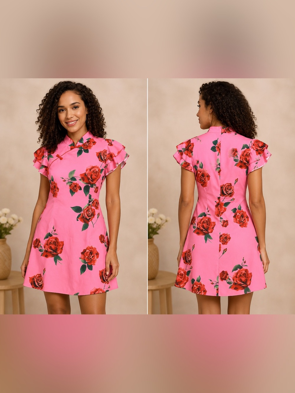 Pink Rose Floral Cheongsam Dress Women’s Size L Mandarin Collar Ruffle Sleeve
